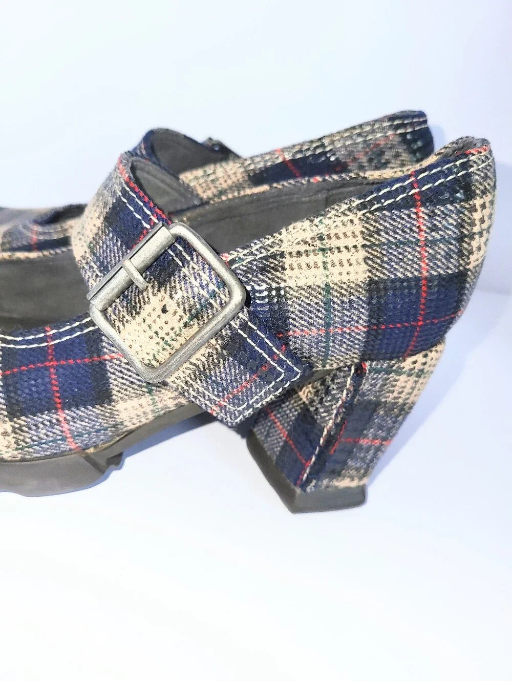 John Fluevog Benatar Blue Plaid Geometric Chunky Heel Mary Janes Size 7